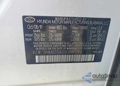 2020 Hyundai Santa Fe Sel z USA, uszkodzony, nr VIN 5NMS33AD5LH185248